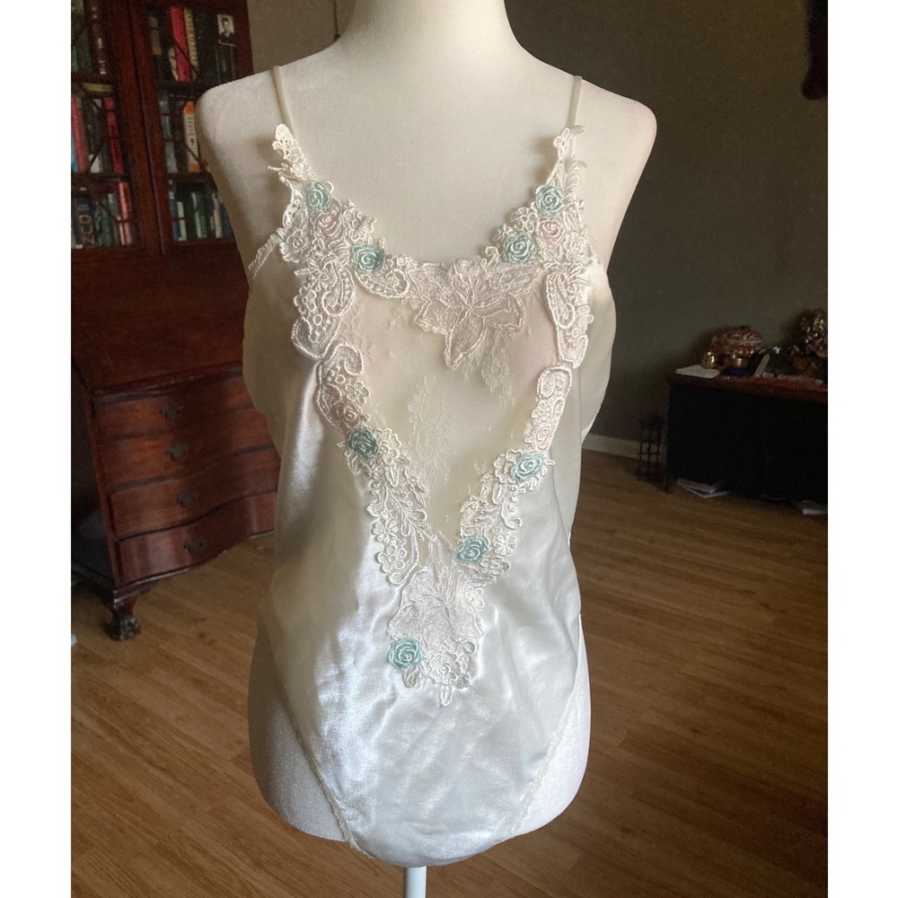 Victoria’s Secret Gold Label White Satin and Lace Teddy with Floral Detail